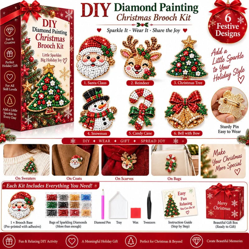 🎄 DIY Diamond Painting Christmas Brooch Kit — 6-Piece Make & Wear Craft Set ✨