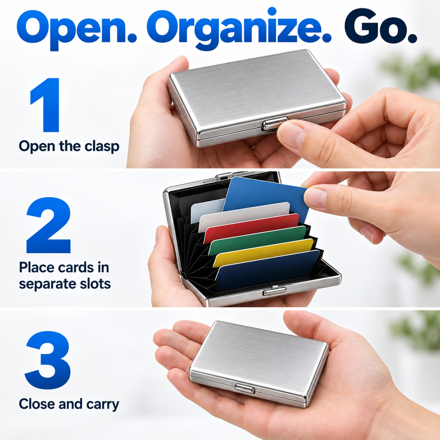 Three steps showing how to open the clasp, insert cards and close the metal holder