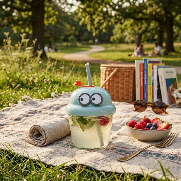 Mini Cartoon Glass Water Cup with Straw