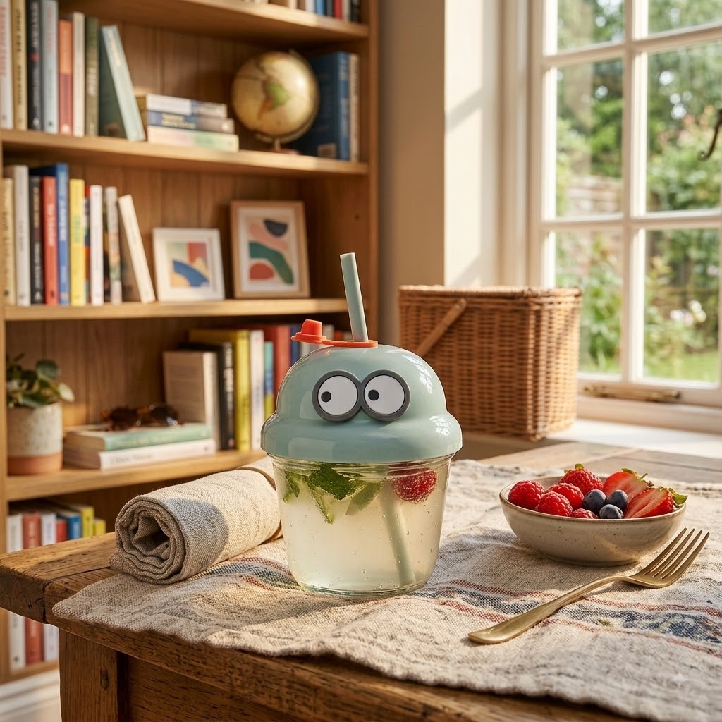 Mini Cartoon Glass Water Cup with Straw