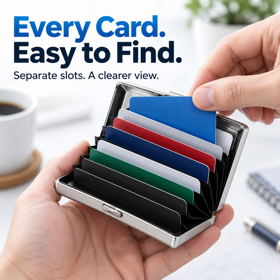 A hand selecting a blue card from the open metal card holder