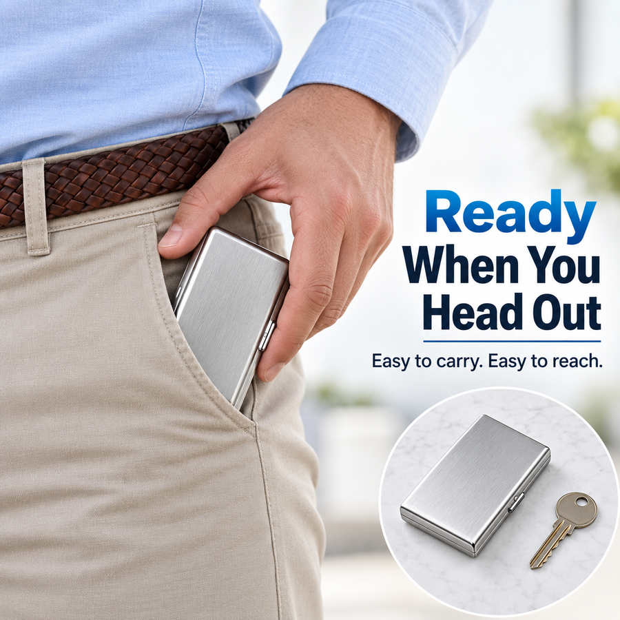 Closed silver card holder being placed into a front trouser pocket