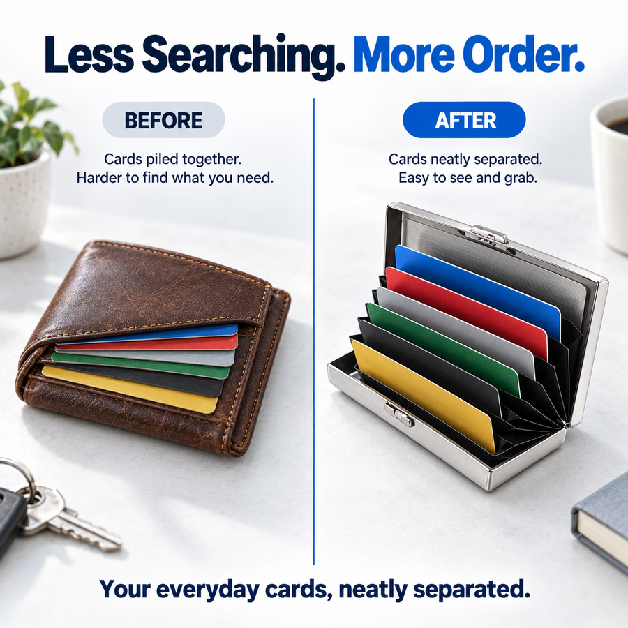 Illustrative comparison of stacked cards in a leather wallet and separated cards in the metal holder