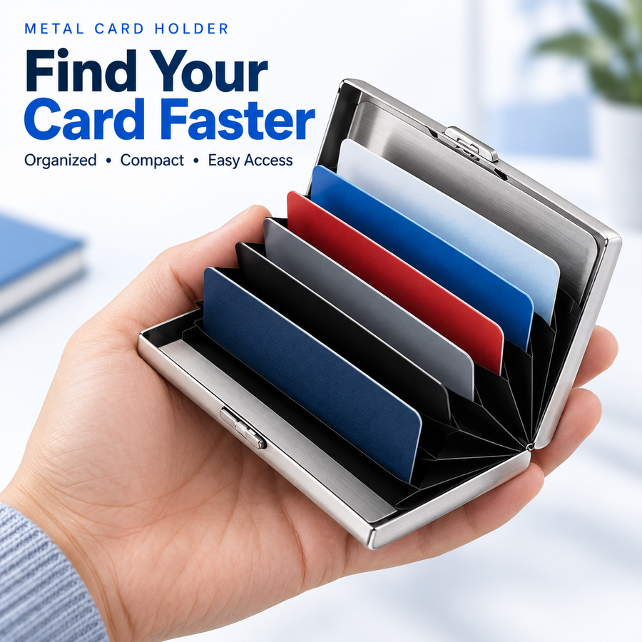 Open silver metal card holder with cards arranged in separate accordion compartments