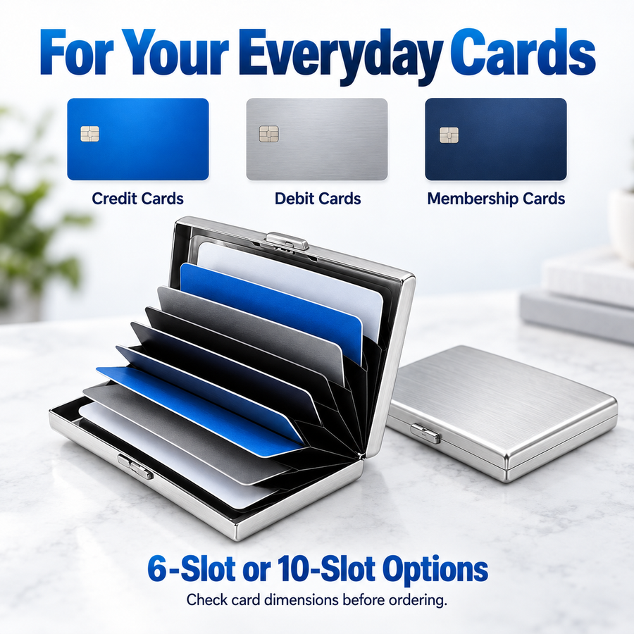 Credit, debit and membership card examples with 6-slot and 10-slot holder options