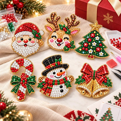 🎄 DIY Diamond Painting Christmas Brooch Kit — 6-Piece Make & Wear Craft Set ✨