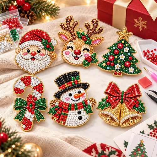 🎄 DIY Diamond Painting Christmas Brooch Kit — 6-Piece Make & Wear Craft Set ✨