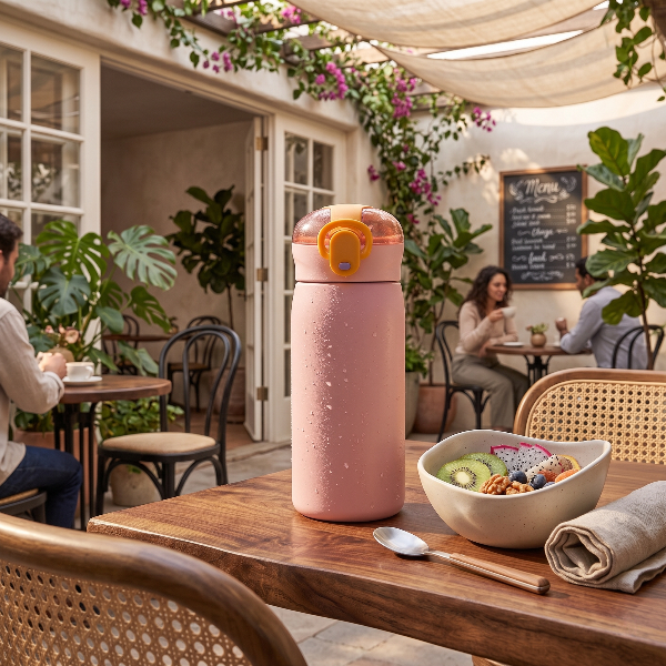 Insulated Straw Water Bottle with Flip-Top Lid.
