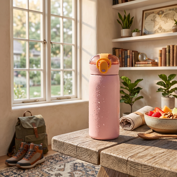 Insulated Straw Water Bottle with Flip-Top Lid.