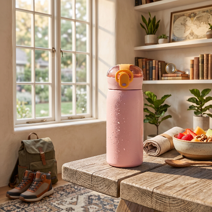 Insulated Straw Water Bottle with Flip-Top Lid.